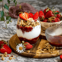 Jogurto desertas su braškėmis, balzaminiu actu ir granola