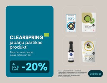 -20% atlasītiem ekoloģiskajiem pārtikas produktiem „Clearspring“ | Akcija