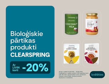 -20% atlasītiem ekoloģiskajiem pārtikas produktiem „Clearspring“ | Akcija