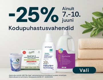 -25% soodustus kodupuhastusvahenditele: pesupesemisvahendid, puhastusvahendid, nõudepesuvahendid | Kampaania